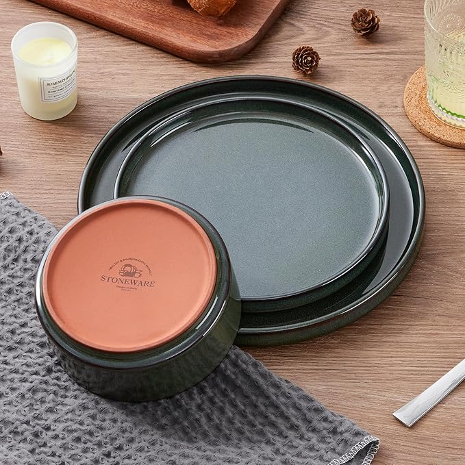 LIANYU Dinnerware Dishes Sets for 8, 24 Piece Stoneware Plates and Bowls Dishware Set, Modern Tableware Includes Ceramic Dinner Salad Plates, Cereal Bowls, Chip & Scratch Resistant, Hunter Green