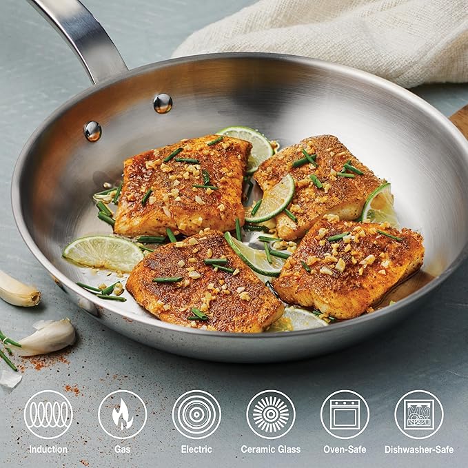 Tramontina Tempo Tri-Ply Base Stainless Steel 10-Inch Frying Pan, Induction-Ready Skillet, Oven-Safe, Dishwasher-Safe