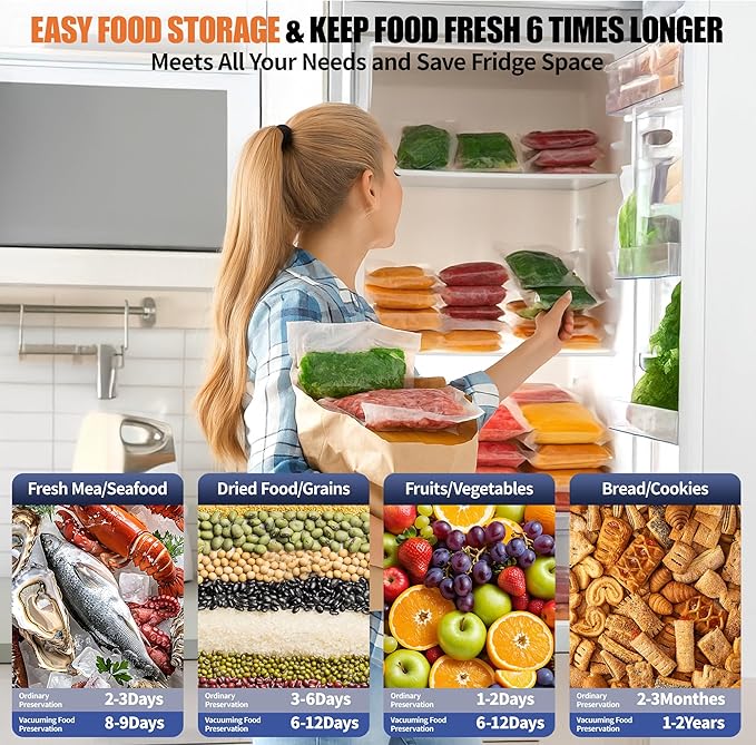 Sealer Machine for Food Storage, 85KPA Strong Suction, Dry/Moist Mode, Automatic Seal in 10-20 Seconds with 10 Vacuum Bags & 1 Roll, Built-in Cutter, Bag Storage & Vacuum Hose, for Home Kitchen Use