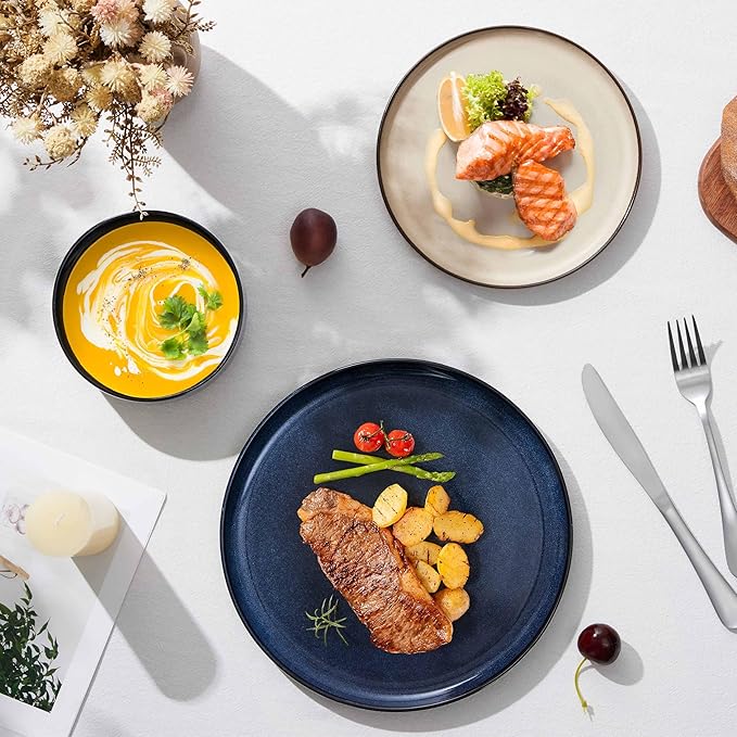 Herogo 12 Pieces Stoneware Dinnerware Dishes Set for 4, Kitchen Dining Plates and Bowls Sets, Double Reactive Glaze, Microwave & Dishwasher Safe, Scratch Resistant, Starry Blue & Cream Khaki