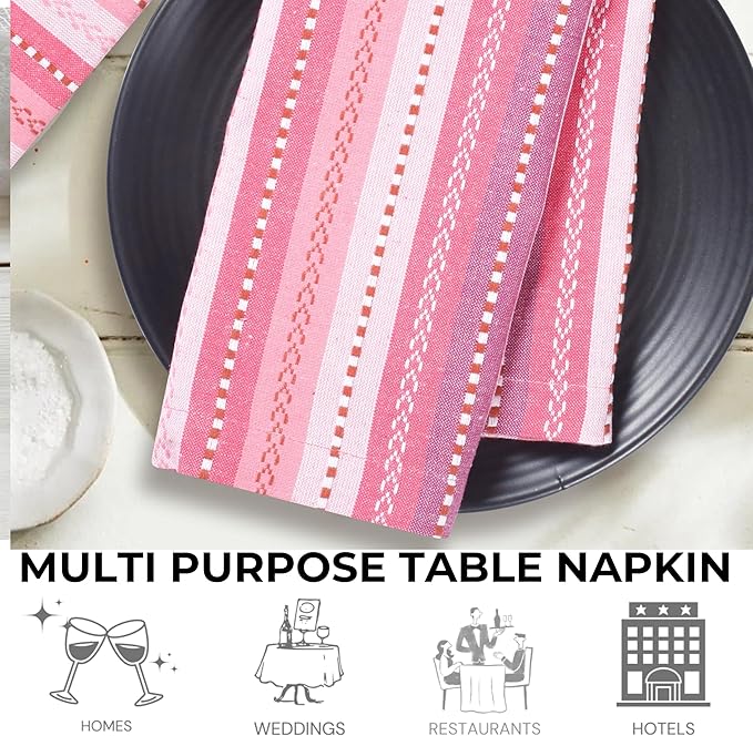 Bedding Craft Cotton Cloth Dinner Napkins Set of 12 – 18x18 Pink Multi Salsa Stripe – Reusable Machine Washable Fabric Napkins for Weddings, Parties, Kitchen & Everyday Dining