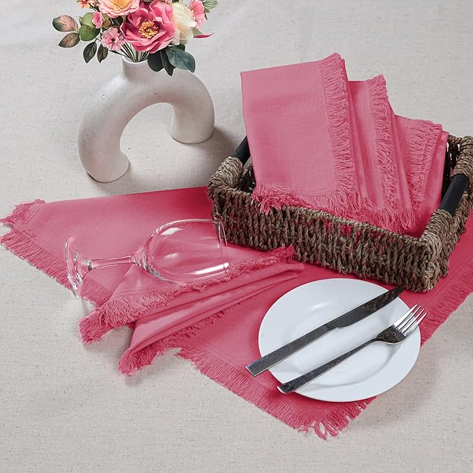 Bedding Craft Cotton Cloth Dinner Napkins Set of 12 – 18x18 Baby Pink with Frayed Selvedge Edges – Reusable Machine Washable Fabric Napkins for Weddings, Baby Showers, Parties & Dining
