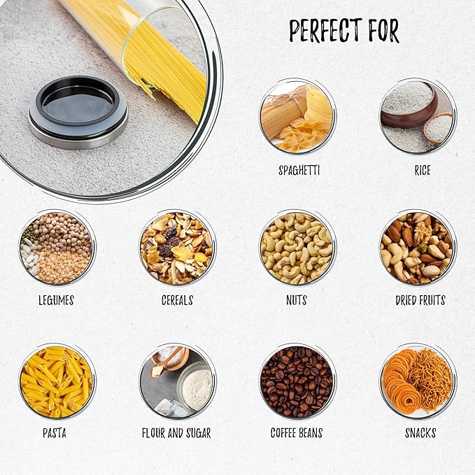 Bacimi® Airtight Borosilicate 3mm thick Glass Storage Containers for Spaghetti, Pasta, Noodles, Linguini, Lasagna, Flour, Cereal, Coffee, Multi Purpose Food Jar, Canisters for Kitchen, Pantry 67oz Ea