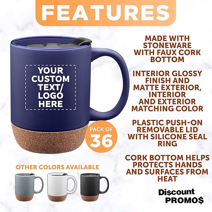 Custom Barista Ceramic Mugs with Cork Bottom 13 oz. Set of 36, Personalized Bulk Pack - Perfect for Coffee, Tea, Espresso, Hot Cocoa, Other Beverages - Blue