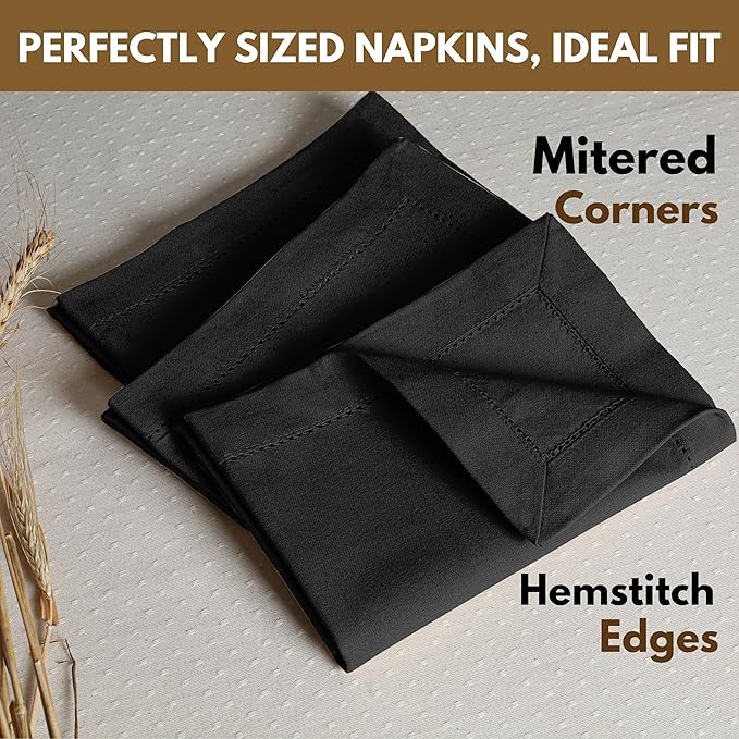 Native Fab Cloth Napkins, Set of 4, 100% Cotton, Hemstitch Mitered Corners, 18"x 18", Soft, Washable, Absorbent, Reusable, Premium Hotel Quality - Events, Wedding, Party, Dinner Napkins - Black