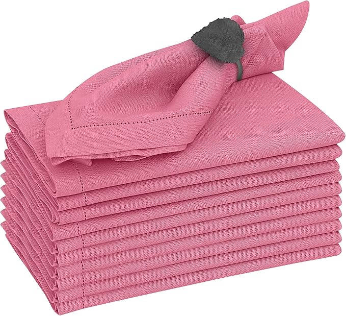 Ruvanti Premium Linen Napkins Set of 12-20x20 Inch, Classic Hemstitch, Mitered Corner Cloth Napkins ‎‎- Soft, Elegant Dinner Napkins Cloth Washable for Weddings, Parties, Everyday Use - Pink