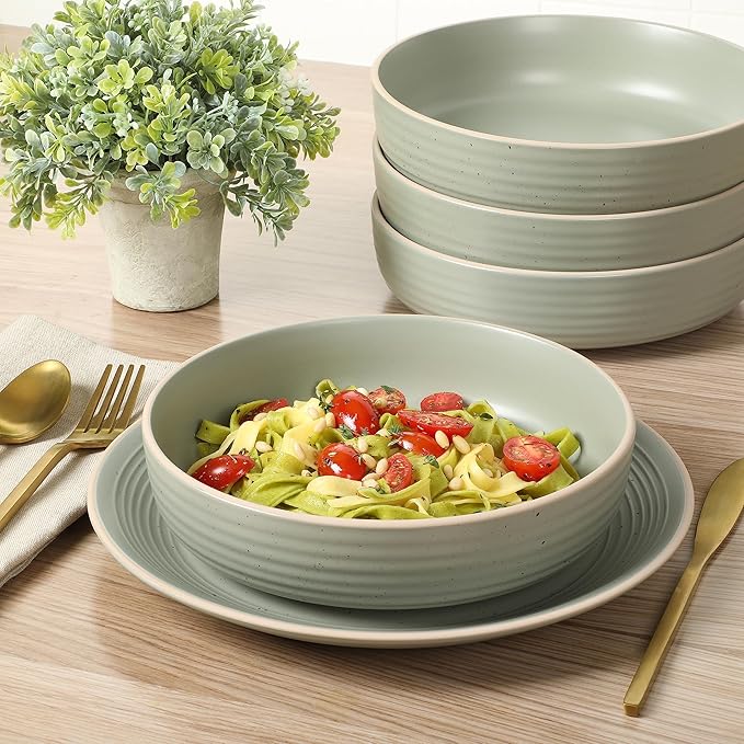 Gibson Home Dinah Double Bowl Stoneware Embossed Speckled Dinnerware Set - Sage Green, Service for Four (16pcs)