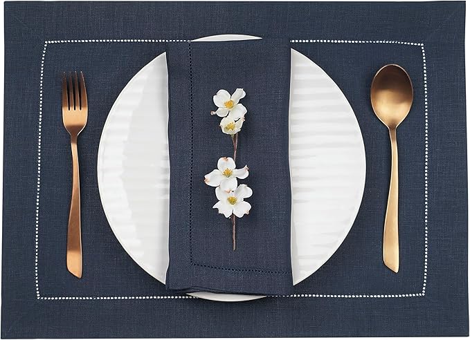 D'Moksha Homes Linen Placemats Set of 4 - Classic Hemstitch Navy Blue Placemats 14 x 19 Inch - 100% Pure Linen Table Mats for Fall, Thanksgiving, Holiday - Handcrafted and Machine Washable