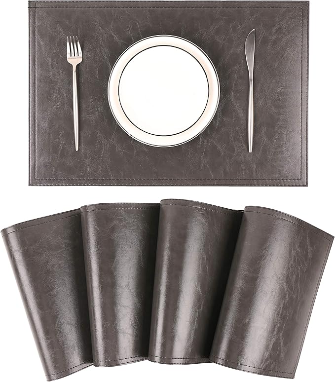 Waterproof PU Placemats, Faux Leather Dinging Table Mat, Set of 4, Easy to Wipe Off Scrub Vinyl Mat, Heat & Stain Resistant for Office Conference Table, Home Decor G Graphite Grey