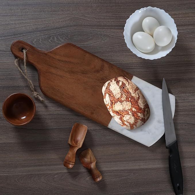 Marble & Acacia Wood Cutting Board – 16.25x5.5" White Charcuterie, Cheese & Serving Tray for Bread, Steak, Fruit – Elegant Solid Chopping Board for Kitchen & Parties