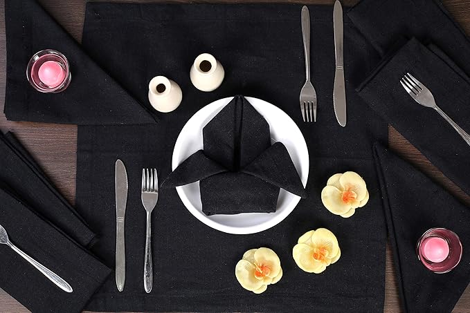 Ramanta Home Black Cotton Dinner Napkins Set of 12 | 100% Cotton 18x18 Inch Cloth Napkins | Reusable Fabric Table Napkins for Everyday Use, Parties, Weddings, Thanksgiving, Christmas, Halloween