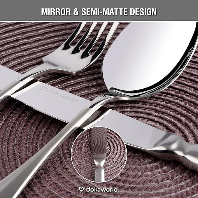 Semi-Matte Design Flatware, Silverware Set for 8 persons, 40 Piece - Spoons, Forks, and Knives 18/10 Stainless Steel, Dishwasher Safe