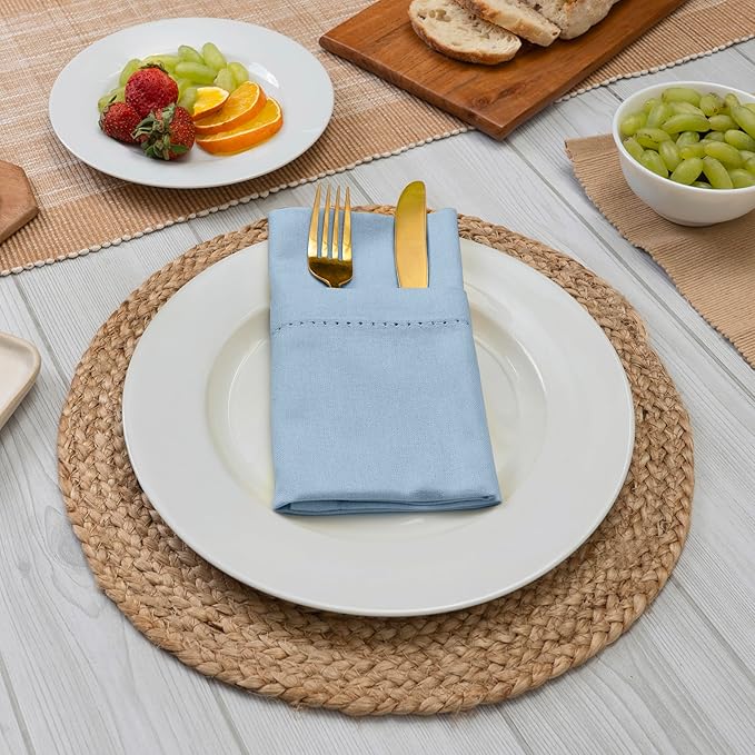 Blue Needles Set of 6 Hemstitch Linen Napkins 100% Cotton Ice Blue Cloth Dinner Napkins 18x18 inches, Soft, Reusable, Absorbent, Washable, Ideal for Fall Thanksgiving Events, Parties & Everyday Use
