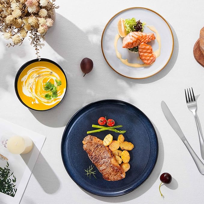 Herogo 12-Piece Stoneware Dinnerware Set for 4, Dinner Plates and Bowls Sets, Double Reactive Glaze Dishware Place Setting for Kitchen, Scratch Resistant, Microwave Safe, Ivory White & Starry Blue