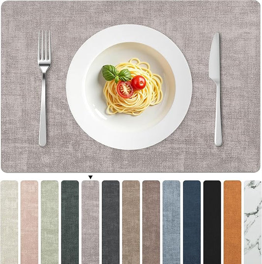 FROMHEART Faux Leather Placemats Set of 12–Waterproof,Heat/Oil Stain-Resistant PU Table Mat–Reversible,Non-Slip,Easy to Clean Place Mats for Kitchen,Dining,Indoor/Outdoor,(Light Grey,11.8" x 17")