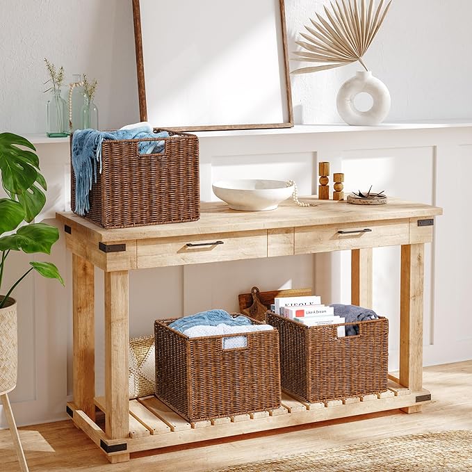 Wicker Storage Basket - Large 12x12x10in Cube, Woven Wicker for Shelves, Pantry, Kitchen & Bathroom Organization (Brown)