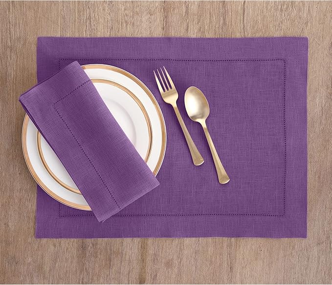 Solino Home Purple Linen Napkins Set of 4-100% Pure Linen Hemstitch Dinner Napkins 20 x 20 Inch for Fall, Autumn, Winter, Thanksgiving, Holiday, Christmas - Classic Hemstitch