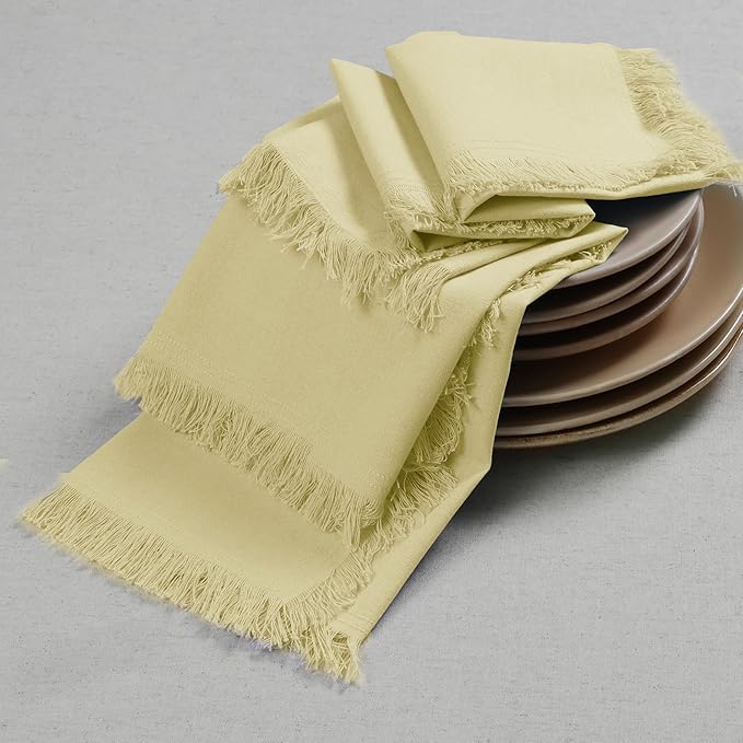 Bedding Craft Cotton Cloth Dinner Napkins Set of 12 – 18x18 French Vanilla Light Yellow with Fringed Corners – Machine Washable Fabric Napkins for Weddings, Baby Showers & Table Décor