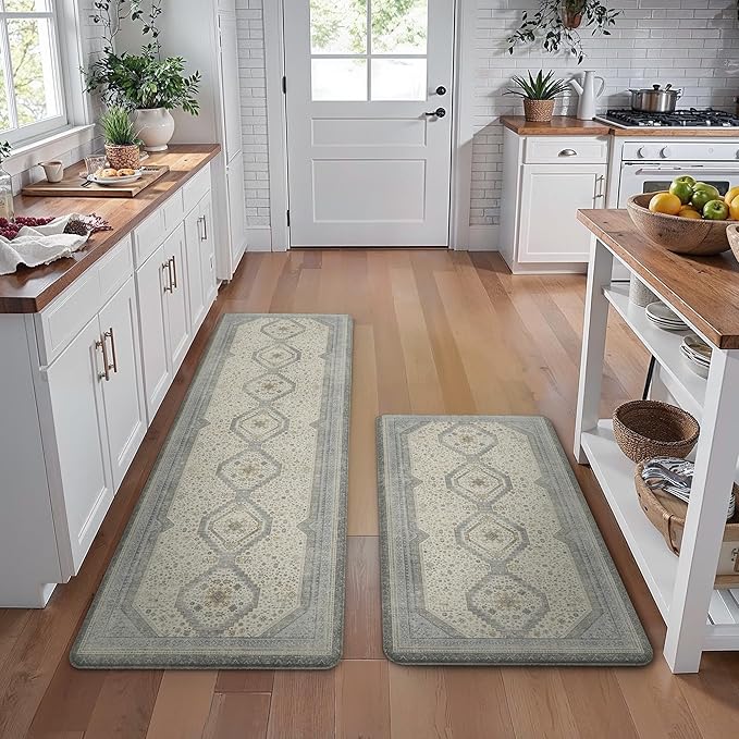 GENIMO Kitchen Mats for Floor 2PCs, Washable Anti Fatigue Mat for Cushioned, 17.3"x47"+17.3"x30", Waterproof Kitchen Rugs, Non Slip Comfort Standing Mat Rug for Home, Sink, Laundry, Lightblue