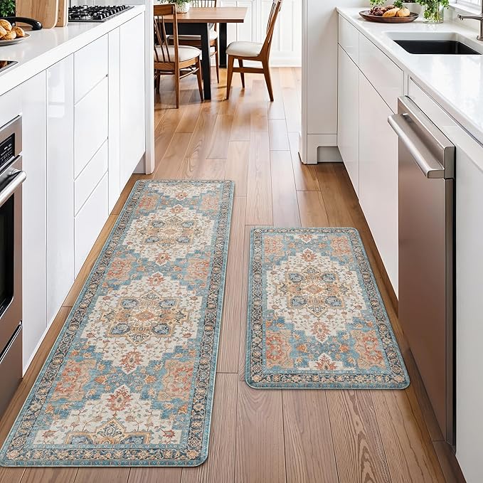 GENIMO Kitchen Mats for Floor 2PCs, Washable Anti Fatigue Mat for Cushioned, 17.3"x59"+17.3"x30", Waterproof Kitchen Rugs, Non Slip Comfort Standing Mat Rug for Home, Sink, Laundry, Blue&Salmon