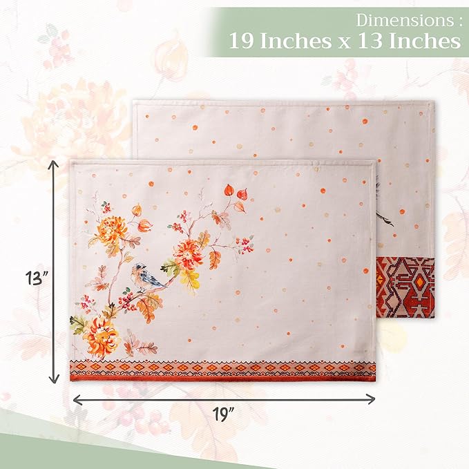 Maison d' Hermine Placemats Set of 4 100% Cotton Washable Cloth Place Mats, Reusable Table Mats for Thanksgiving Christmas Decorations Kitchen Dining Party Wedding (Kelim - Prairie, 13" x 19")