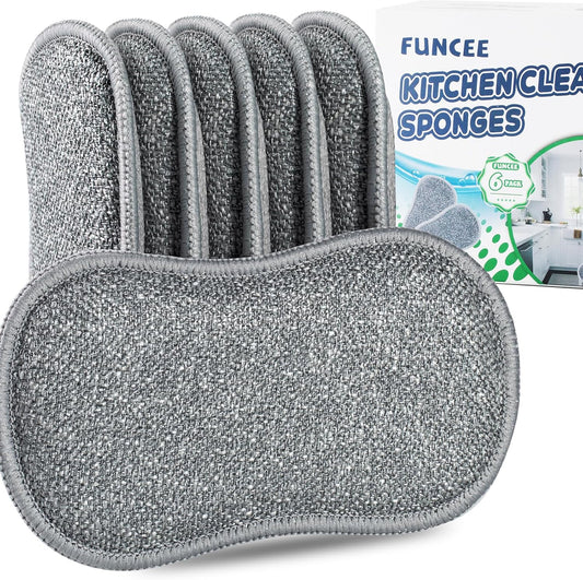 Upgrated Dual-Sided Sponges Kitchen, 6 Pack Microfiber Non Scratch Dish Scrub Sponge, All Purpose Dish Washing Scrubber for Cleaning Dishes, Kitchen, Pots, Pans, Sink & Household