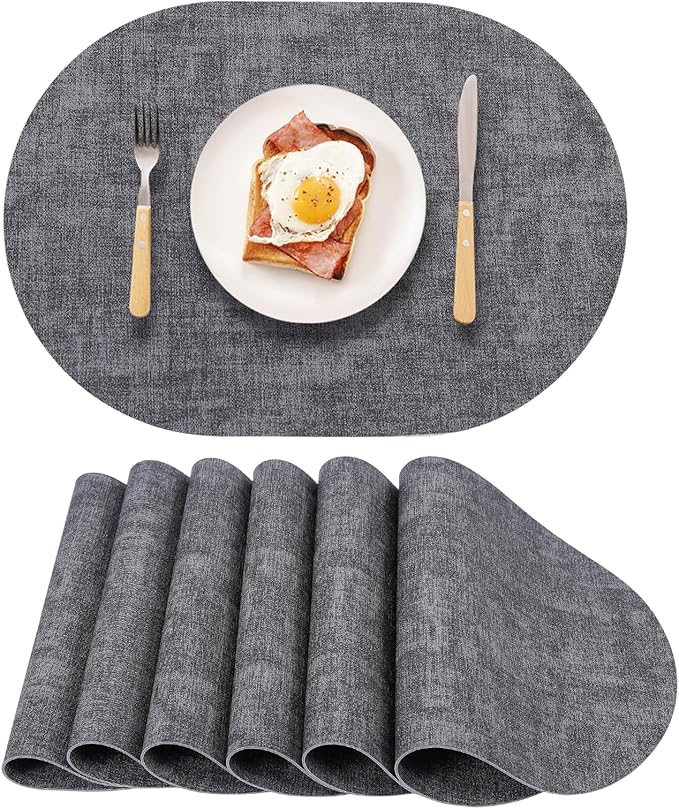 Oval Waterproof Placemats Set of 6,Black Faux Leather Placemat Non Slip Reversible,Heat Resistant Wipeable Table Placemats for Dining Table,Modern Table Protectors