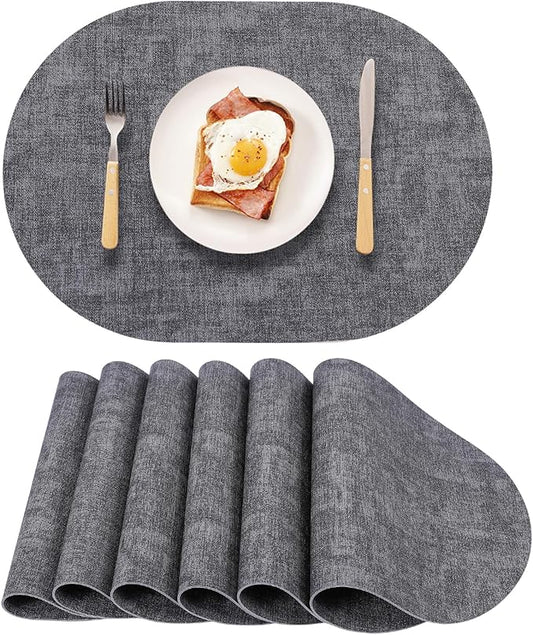 Oval Waterproof Placemats Set of 6,Black Faux Leather Placemat Non Slip Reversible,Heat Resistant Wipeable Table Placemats for Dining Table,Modern Table Protectors