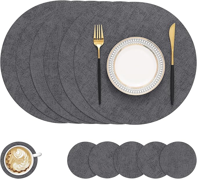 homing Round Faux Leather Placemat and Coaster 6 Packs, Washable Heat Resistant Dining Place Mats, Wipeable Double-Sided Table Mats for Indoor and Outdoor, Diameter 13 and 3.93 inch, Charcoal
