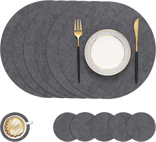 homing Round Faux Leather Placemat and Coaster 6 Packs, Washable Heat Resistant Dining Place Mats, Wipeable Double-Sided Table Mats for Indoor and Outdoor, Diameter 13 and 3.93 inch, Charcoal