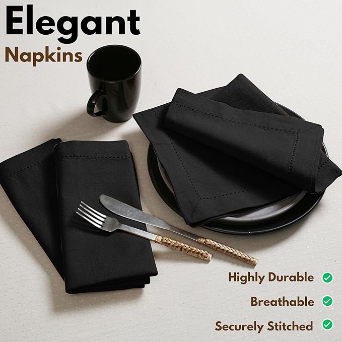 Native Fab Set of 12 Cotton Cloth Napkins, 18x18 inch, Hemstitch Mitered Corners, Soft, Absorbent, Reusable Fabric, Table Linen Napkins for Wedding, Events, Lunch, Dinner, and Daily Use - Black