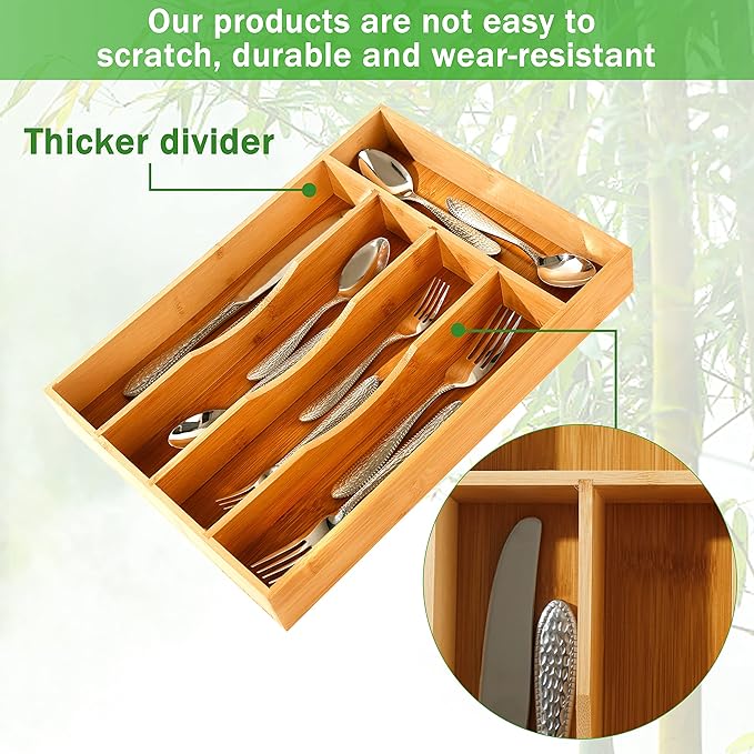 Greenual Silverware Organizer 10 In Utensil Organizer Silverware Tray for Drawer Cutlery Flatware Organizer for Kitchen Bamboo Wood