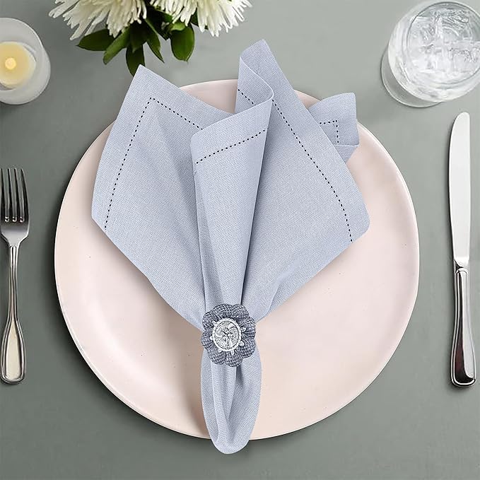 Ruvanti Premium Linen Napkins Set of 4-20x20 Inch, Classic Hemstitch, Mitered Corner Cloth Napkins‎‎ - Soft, Elegant Dinner Napkins Cloth Washable for Weddings, Parties, Everyday Use - Arctic Ice