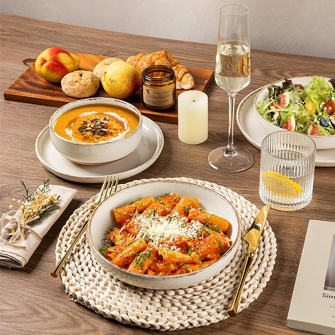 AmorArc 24 Pieces Ceramic Dinnerware Sets for 8, Handpainted Stoneware Plates and Bowls Set with Rustic Terracotta Underside, Scratch Resistant Dishes Set, Dishwasher & Microwave Safe