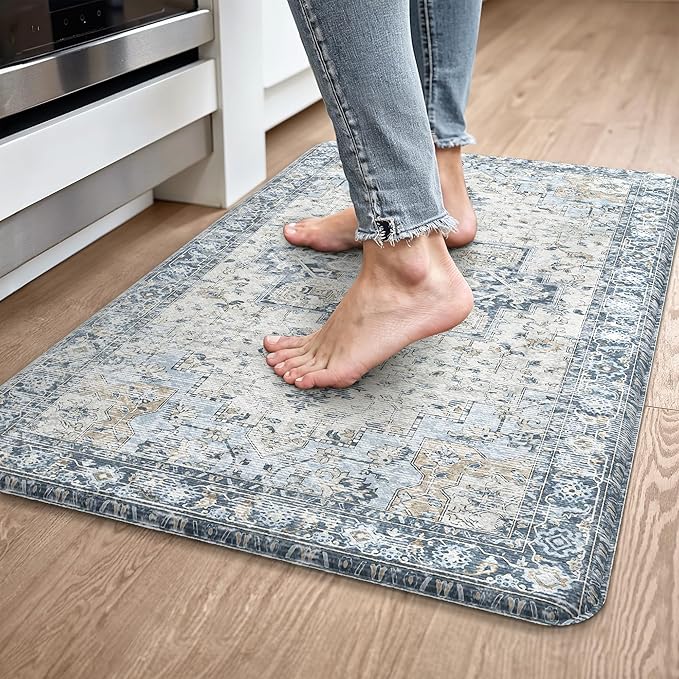 GENIMO Kitchen Mats for Floor, Washable Anti Fatigue Mat for Cushioned, 17.3"x30", Waterproof Kitchen Rugs, Non Slip Foam Comfort Standing Mat Rug for Home, Runner, Sink, Laundry, Light Blue