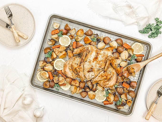 USA Pan 1607CR Bakeware Extra Large Sheet Baking Pan and Bakeable Nonstick Cooling Rack Set, XL, Metal