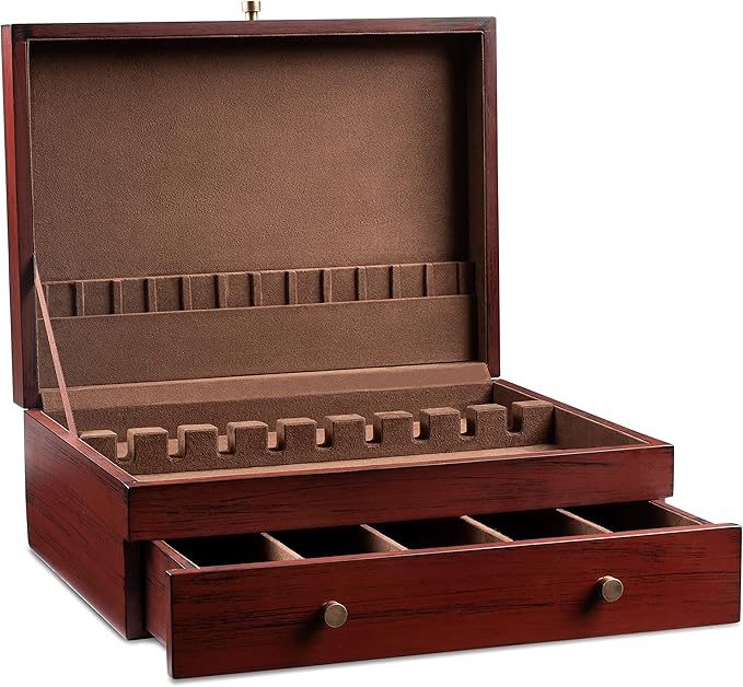 Royalty Art Tarnish-Free Silverware Storage Box with Drawer, 15" x 11" Flatware and Utensil Organizer for Kitchen, Elegant Wooden Décor for Dining Room (Flatware Not Included)