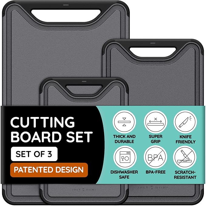 Cutting Boards for Kitchen, Plastic Cutting Board Set of 3, Dishwasher Safe Cutting Boards with Juice Grooves for Meat, Veggies, Fruits, Easy Grip Handle, Non-Slip (Black/Gray)