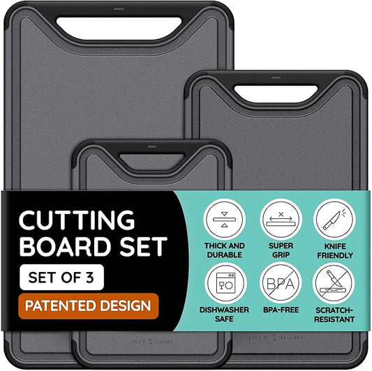 Cutting Boards for Kitchen, Plastic Cutting Board Set of 3, Dishwasher Safe Cutting Boards with Juice Grooves for Meat, Veggies, Fruits, Easy Grip Handle, Non-Slip (Black/Gray)
