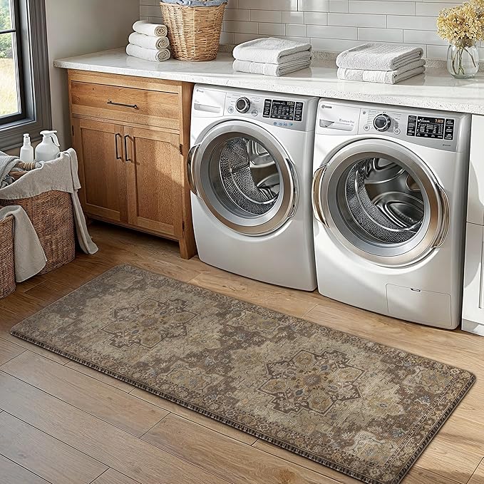 GENIMO Kitchen Mats for Floor 2PCs, Washable Anti Fatigue Mat for Cushioned, 17.3"x47"+17.3"x30", Waterproof Kitchen Rugs, Non Slip Comfort Standing Mat Rug for Home, Sink, Laundry, Rustic Brown