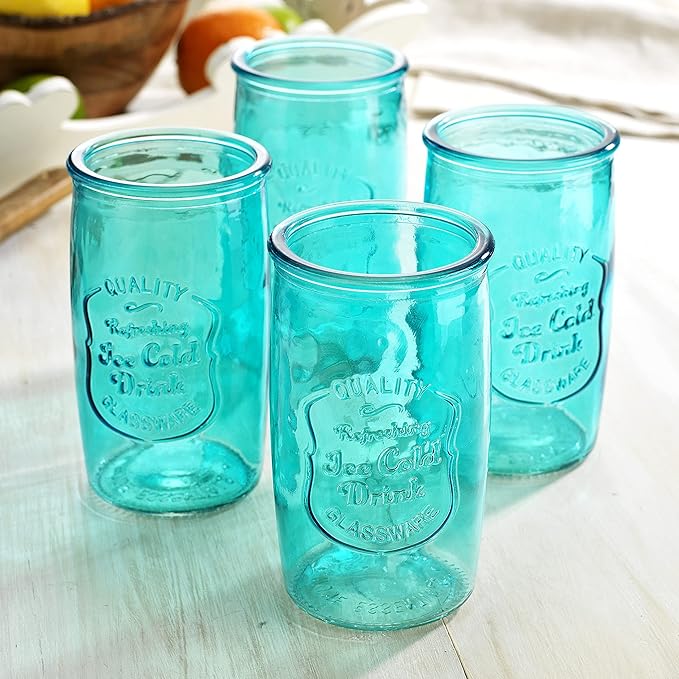 Glaver's Highball Glasses Set of 4 – 20oz Artistic Ice-Cold Pretty Blue – Vintage Glassware with Embossed Logo – Beverage Drinking Glasses for Water, Juice, Cocktails. Hand Wash.
