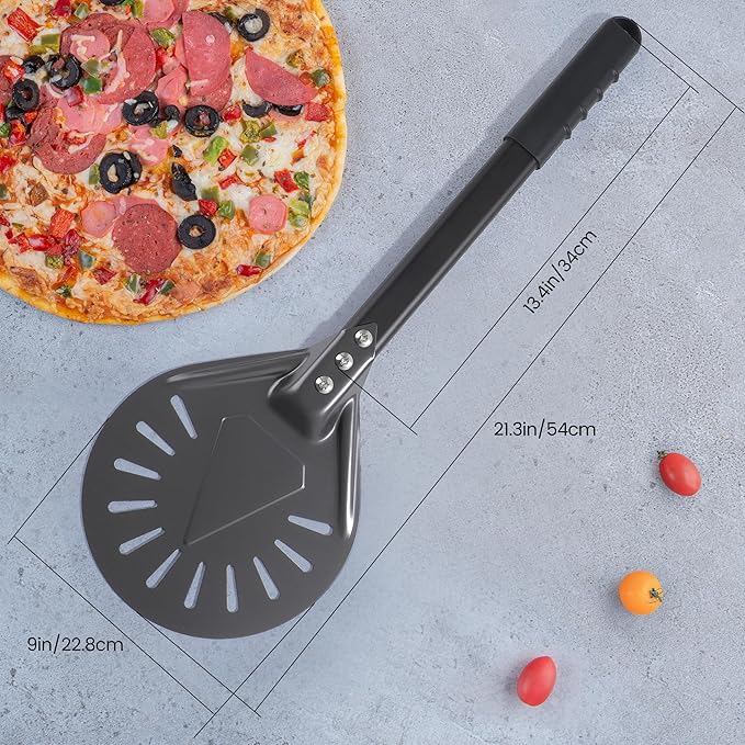 9” Pizza Turning Peel - Pizza Turner - Restaurant-Grade Aluminum Perforated Pizza Peel Lightweight Metal Outdoor Pizza Oven Accessories