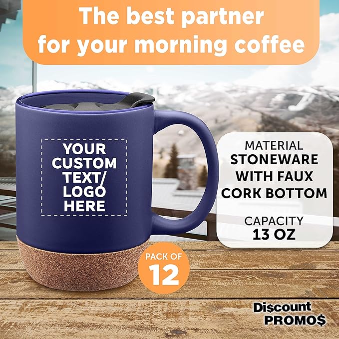 Custom Barista Ceramic Mugs with Cork Bottom 13 oz. Set of 12, Personalized Bulk Pack - Perfect for Coffee, Tea, Espresso, Hot Cocoa, Other Beverages - Blue