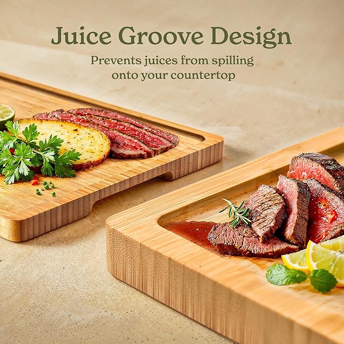 SMIRLY Bamboo Wooden Cutting Boards for Kitchen, Set of 2 Medium - Small, Bamboo Wood Cutting Board Set with Deep Juice Grooves, Non Toxic Serving Tray, House Warming Gifts