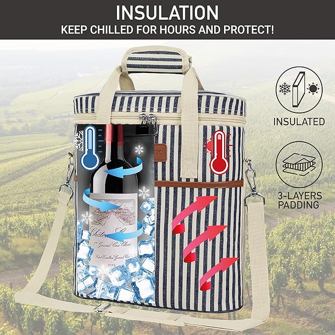 OPUX 3 Bottle Wine Carrier Tote, Insulated Leakproof Wine Cooler Bag, Wine Travel Bag Tote for Picnic BYOB Beach, Portable Wine Bottle Carrying Case, Gift for Wine Lover Women Men Christmas, Stripe