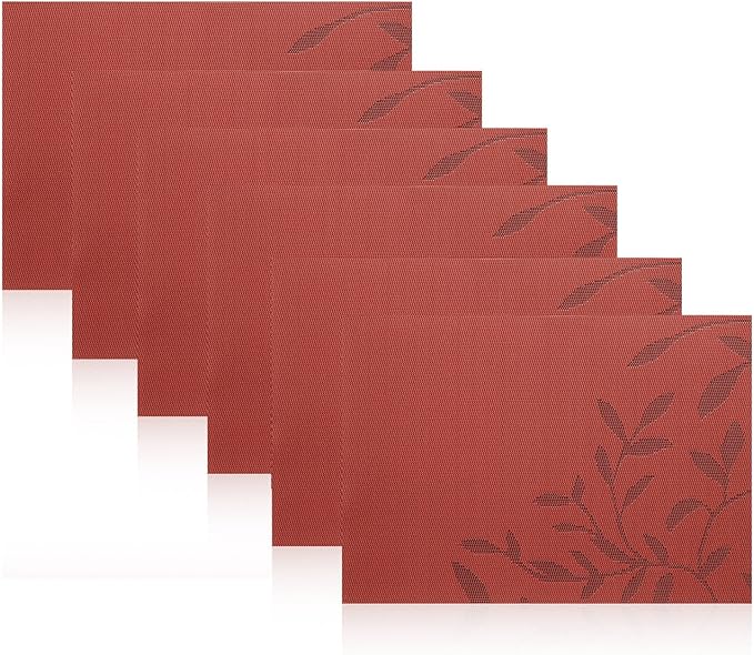 SHACOS Woven Vinyl Placemats Set of 8 Red Leaf Pattern Wipeable Place Mats for Dining Table Heat Resistant PVC Table Mats Indoor Outdoor (8, Leaf Red)