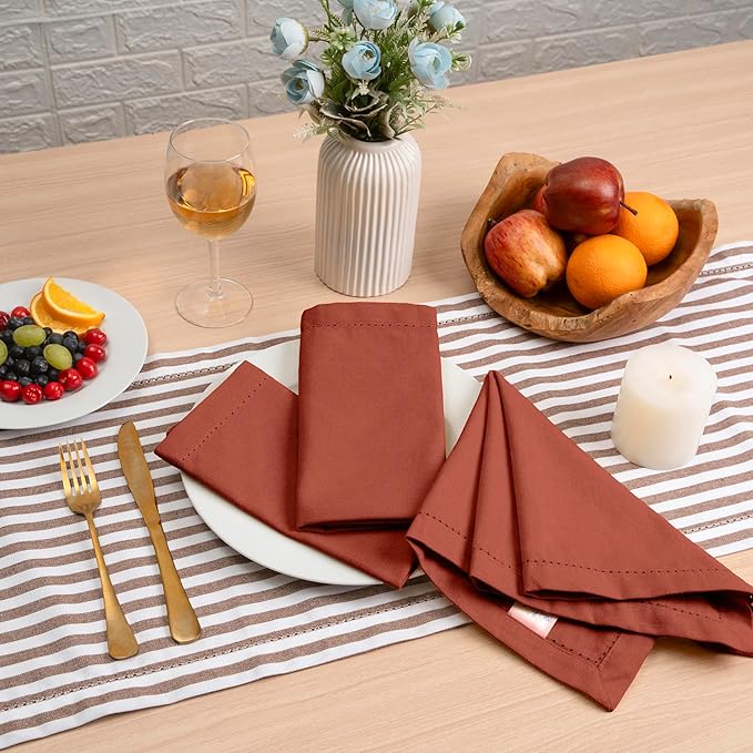Blue Needles Set of 6 Hemstitch Linen Napkins 100% Cotton Rust Cloth Dinner Napkins 18x18 inches, Soft, Reusable, Absorbent, Washable, Ideal for Fall Thanksgiving Events, Parties & Everyday Use