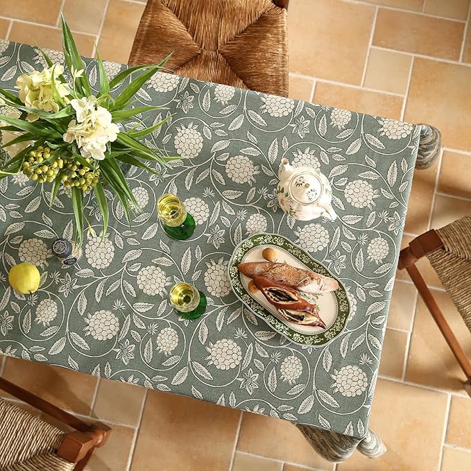 Grayish Green Rectangular Tablecloth,Linen Table Cloth with Light White Flowers Pattern,Durable Table Cover for Dining Thanksgiving Kitchen Decor Party Banquet Christmas,55"*87"