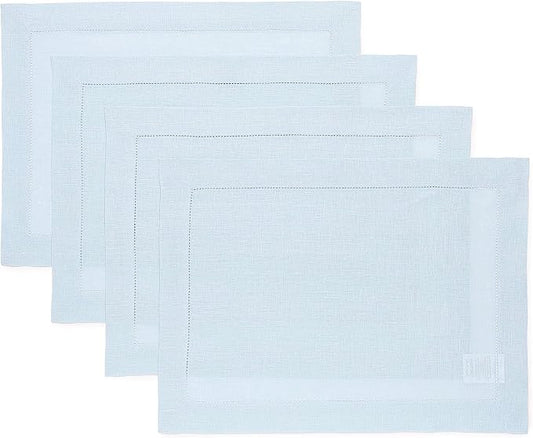 Solino Home Linen Placemats Set of 4 - Classic Hemstitch Light Blue Placemats 14 x 19 Inch - 100% Pure Linen Table Mats for Christmas, Winter