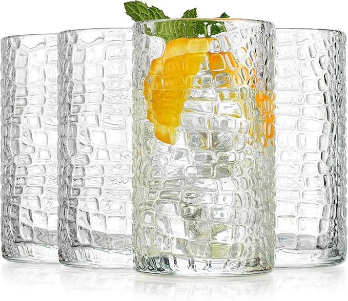 Glaver's Highball Drinking Glasses, Set of 4 Clear 15 Ounce Crackle Design Textured Drinking Glasses Heavy Duty Basic Set for Everyday Home, Bar use for Water Juice Cocktails Smoothies.